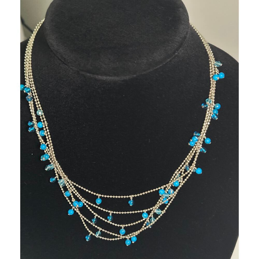 Vintage Silver Look and Aqua Bead Multilayer Necklace